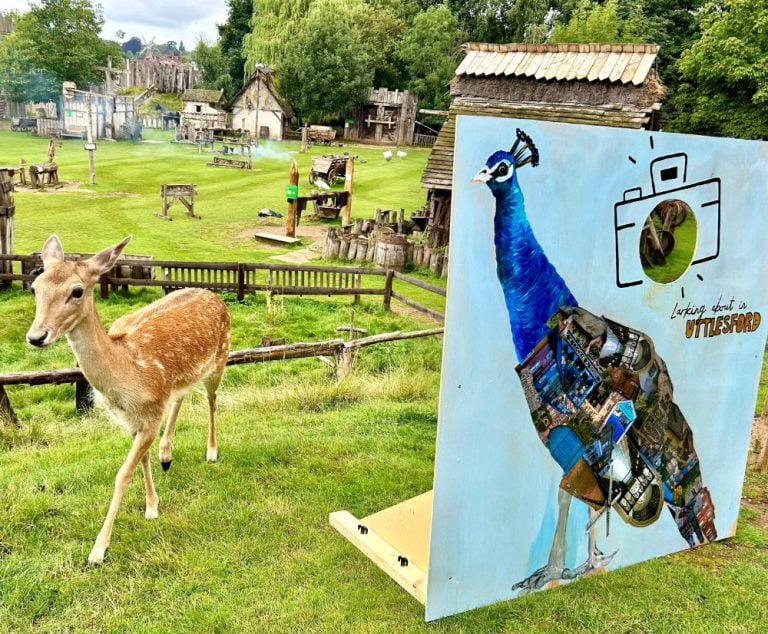 Deer and 'Larking about in Uttlesford' sign