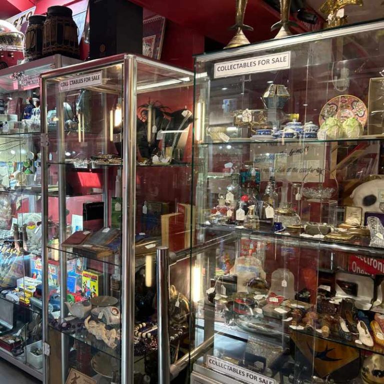 Antiques for sale in glass cabinets